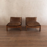 Pair of Wood Frame Toffee Leather Lounge Chairs, 1970s