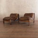 Pair of Wood Frame Toffee Leather Lounge Chairs, 1970s