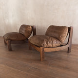 Pair of Wood Frame Toffee Leather Lounge Chairs, 1970s