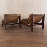 Pair of Wood Frame Toffee Leather Lounge Chairs, 1970s