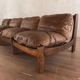 Pair of Wood Frame Toffee Leather Lounge Chairs, 1970s