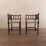 Pair of Antique Spindle Leg Rush Seat Benches