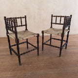 Pair of Antique Spindle Leg Rush Seat Benches