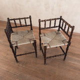 Pair of Antique Spindle Leg Rush Seat Benches