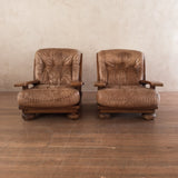 Pair of Rustic Tufted Leather and Pine Lounge Chairs, 1970s