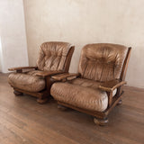 Pair of Rustic Tufted Leather and Pine Lounge Chairs, 1970s
