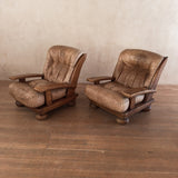 Pair of Rustic Tufted Leather and Pine Lounge Chairs, 1970s