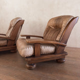 Pair of Rustic Tufted Leather and Pine Lounge Chairs, 1970s