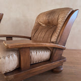 Pair of Rustic Tufted Leather and Pine Lounge Chairs, 1970s