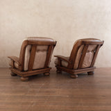 Pair of Rustic Tufted Leather and Pine Lounge Chairs, 1970s