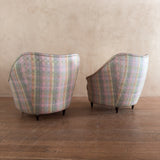 Pair of Vintage Tufted Barrel Chairs in Pastel Check