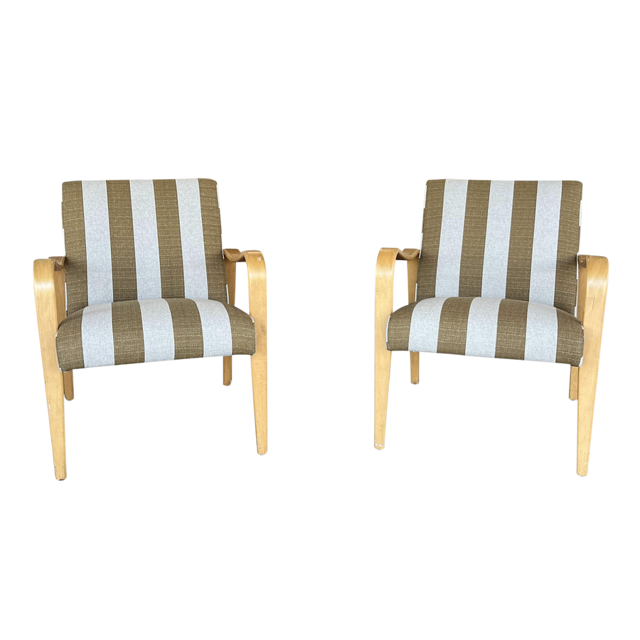 Pair of Bentwood Thonet Armchairs in Striped Olive