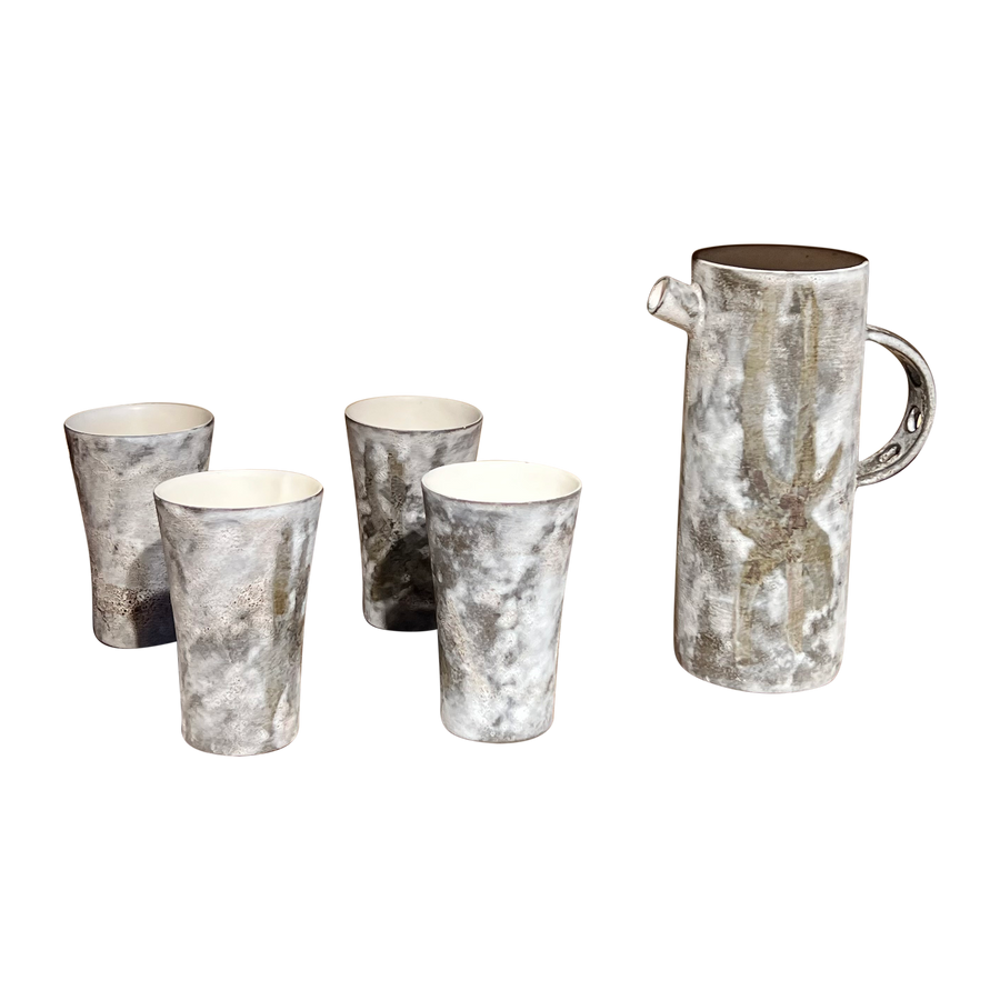 French Studio Pottery Pitcher and Cup Set