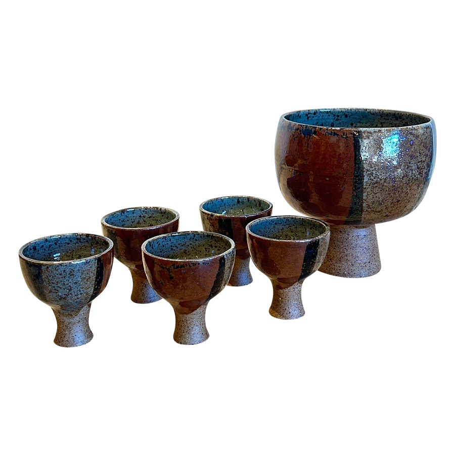 Studio Pottery Glazed Punch Bowl and Goblet Set