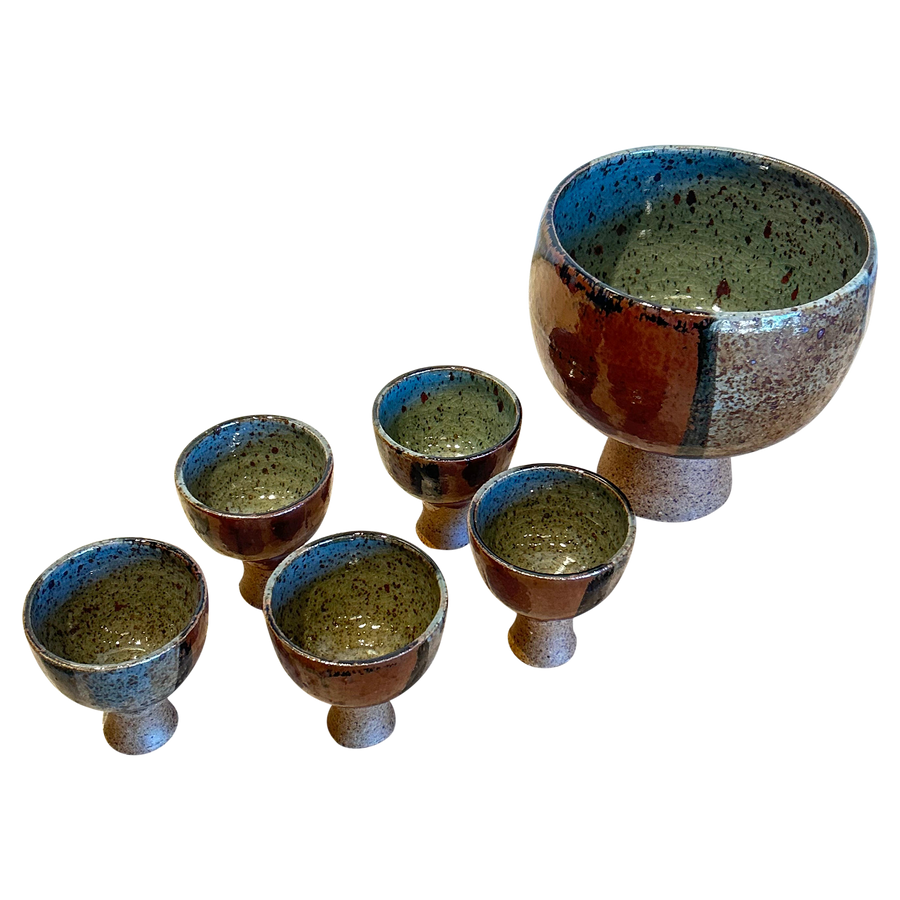 Studio Pottery Glazed Punch Bowl and Goblet Set