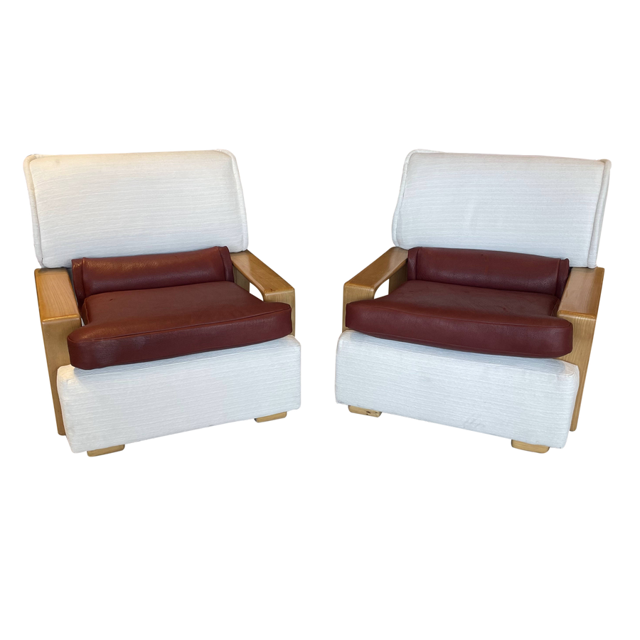 Pair of Oak Arm Chairs with Leather Accent