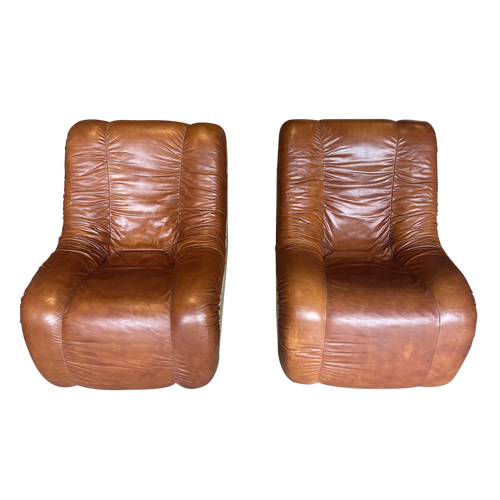 Vintage Italian Cognac Leather and Sand Colored Linen Fabric Lounge Chairs