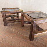 Pair of Oak and Smoked Glass End Tables, 1970s