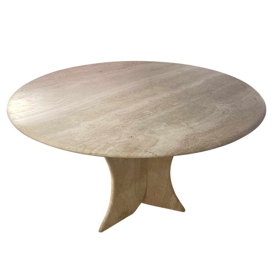 1970's Travertine Sculptural Base Round Top Dining Table