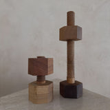 Pair of Turned Wood Threaded Block Objects