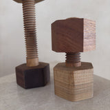 Pair of Turned Wood Threaded Block Objects