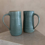 Ribbed Green Glaze Studio Pottery Mug