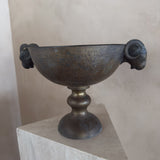 Large Hammered Bronze Pedestal Bowl with Ram Handles
