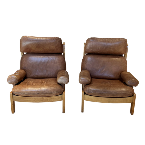 Pair of French MCM Leather Arm Chairs