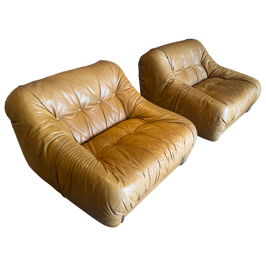 Pair of Tufted Caramel Leather Lounge Chairs