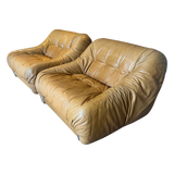 Pair of Tufted Caramel Leather Lounge Chairs