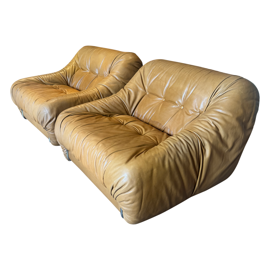 Pair of Tufted Caramel Leather Lounge Chairs