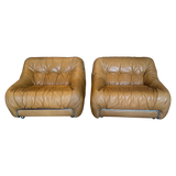 Pair of Tufted Caramel Leather Lounge Chairs