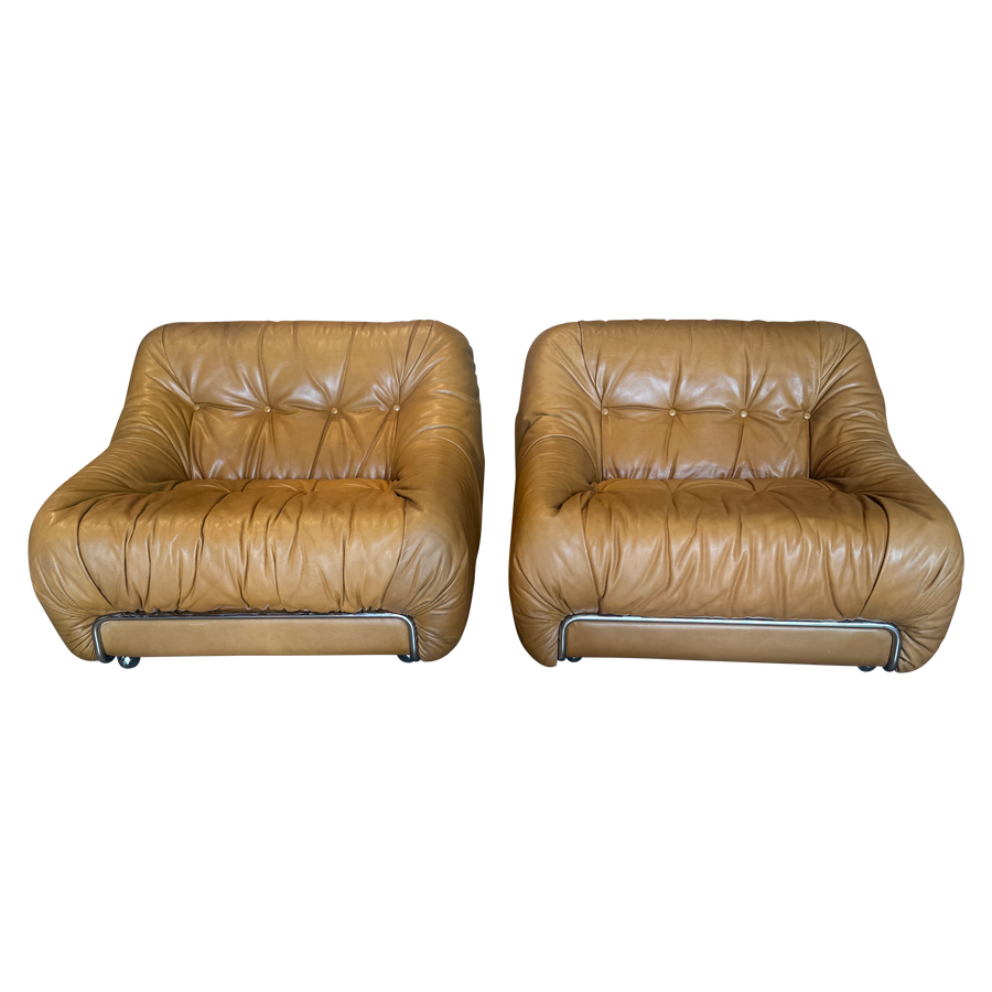 Pair of Tufted Caramel Leather Lounge Chairs
