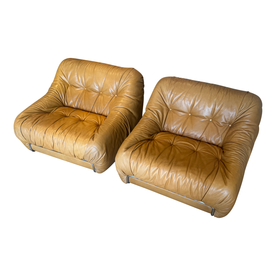 Pair of Tufted Caramel Leather Lounge Chairs