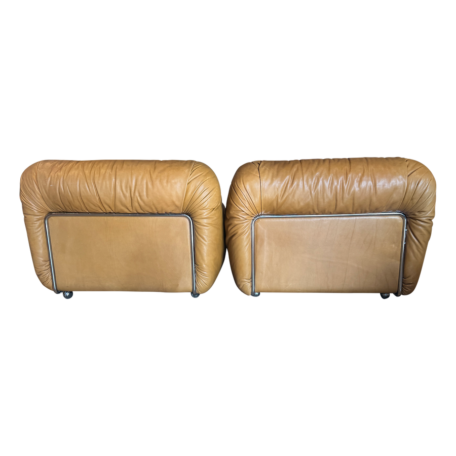 Pair of Tufted Caramel Leather Lounge Chairs
