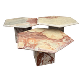 Trio of Italian Hexagonal Red and Cream Marble Nesting Tables