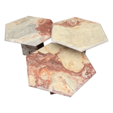 Trio of Italian Hexagonal Red and Cream Marble Nesting Tables