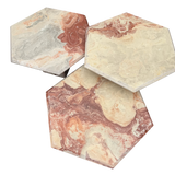 Trio of Italian Hexagonal Red and Cream Marble Nesting Tables