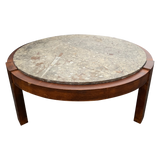 Round Fossil Stone and Walnut Coffee Table, 1970s
