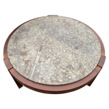 Round Fossil Stone and Walnut Coffee Table, 1970s