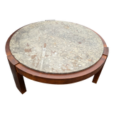 Round Fossil Stone and Walnut Coffee Table, 1970s