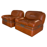 Pair of Italian Cognac Leather Lounge Chairs, 1970s