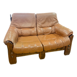 Sculptural Saddle Leather Oak Frame Loveseat