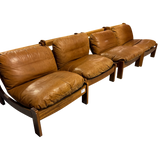 Pair of Wood Frame Toffee Leather Lounge Chairs, 1970s