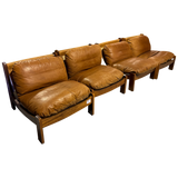 Pair of Wood Frame Toffee Leather Lounge Chairs, 1970s