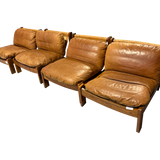 Pair of Wood Frame Toffee Leather Lounge Chairs, 1970s