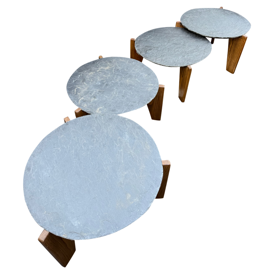Pair of Slate and Oak Tables, France, 1970s