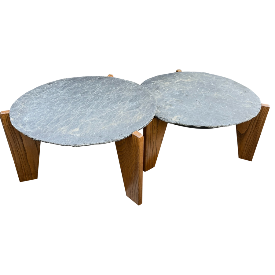 Pair of Slate and Oak Tables, France, 1970s