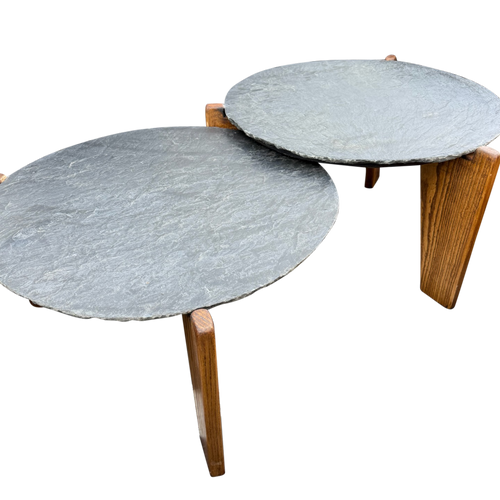 Pair of Slate and Oak Tables, France, 1970s