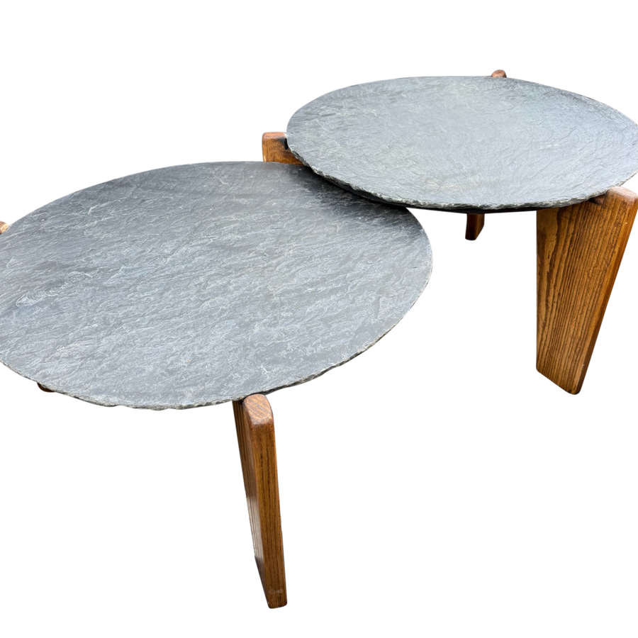 Pair of Slate and Oak Tables, France, 1970s